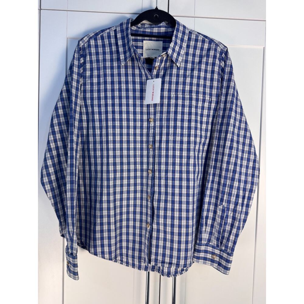 NWT Lucky Brand Women Plaid Button Down Shirt Blue White Long Sleeve Medium
